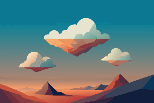 Surreal floating islands with geometric mountains under a gradient sky