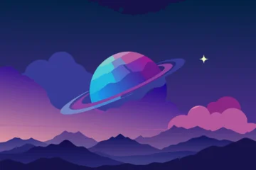 Gordijnen Vibrant planet with rings above a mountainous landscape at dusk © kreshno