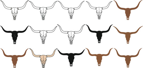 Collection of longhorn skull illustrations in various colors and styles, showcasing a western theme perfect for graphic design projects, tattoo art, or decorative elements.