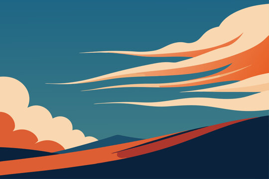 Stylized landscape with abstract clouds and rolling hills