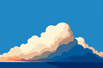 Vibrant cumulonimbus clouds illuminated by sunset over a calm ocean