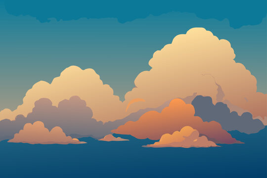 Stylized cumulus clouds illuminated by sunset over a deep blue ocean