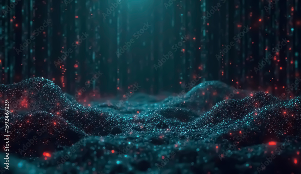 Poster a mesmerizing display of sparkling particles forms a textured surface, resembling a cosmic landscape