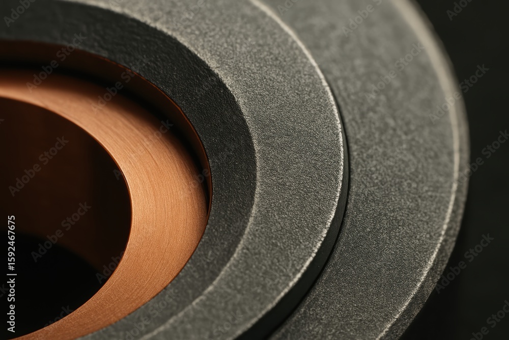 Poster close-up view of metallic circular shapes featuring textured surface and smooth inner finish
