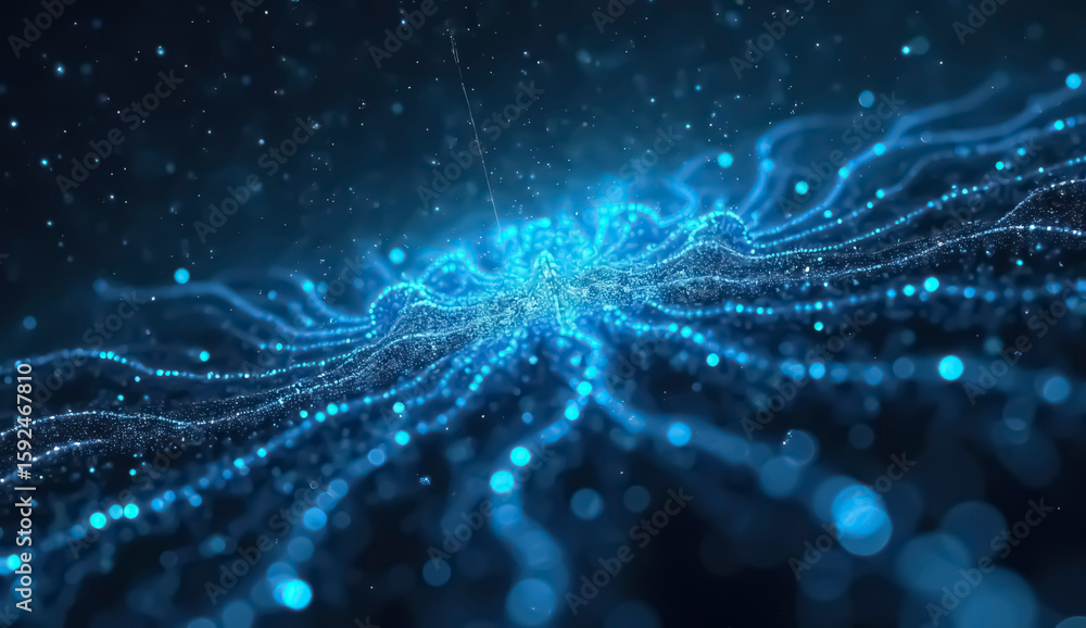 Poster digital art showcases vibrant blue particles intricately swirling and extending outwards in a mesmer