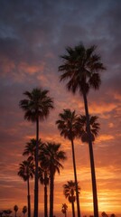 Palm trees silhouetted against a vibrant sunset sky landscape