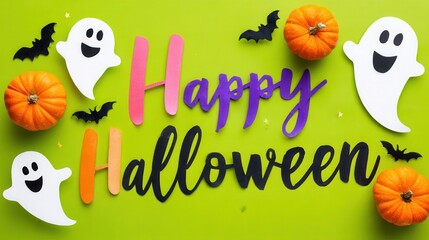 Happy halloween festive decoration with pumpkins ghosts