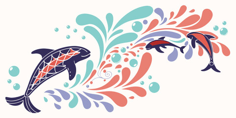 Playful Dolphins Leaping Through Abstract Coral and Teal Water Splashes