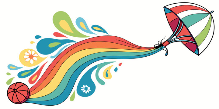 Retro Rainbow Parashoot with Ball and Psychedelic Floral Design Elements