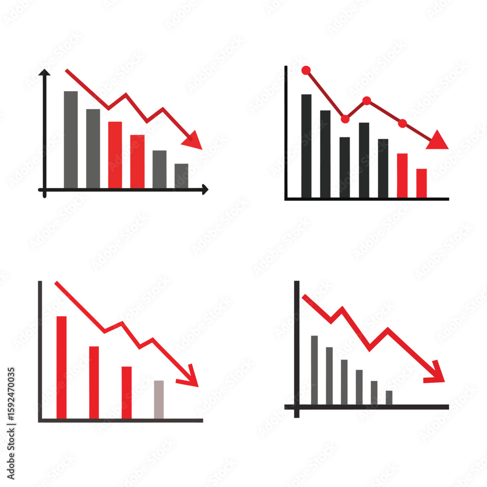 Poster declining sales graph with red arrow on white background