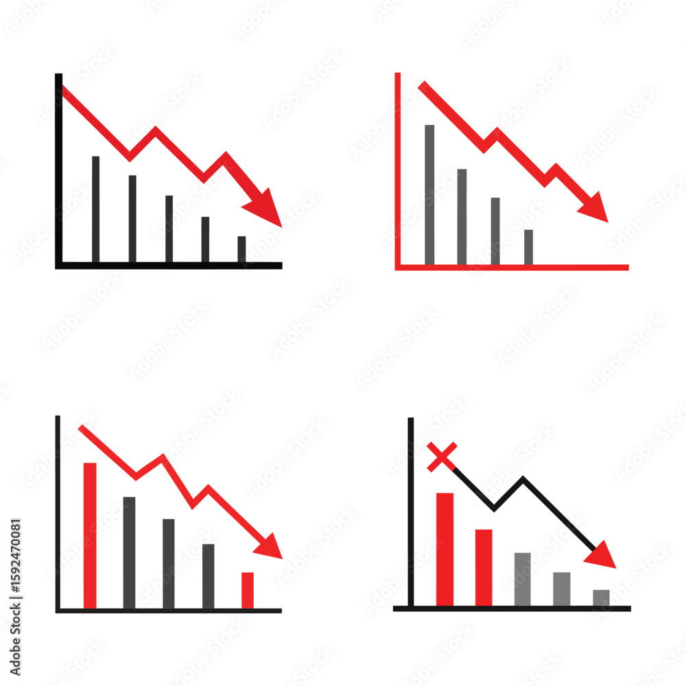 Poster declining sales graph with red arrow on white background