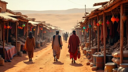 Fototapeta premium Puestos de mercado coloridos dispuestos simétricamente en un remoto pueblo del desierto, rodeado de tierra árida