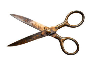 Antique rusty metal scissors with aged patina isolated on transparent background
