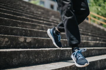 An individual wearing athletic shoes runs up a staircase in a sunny outdoor park, showcasing...