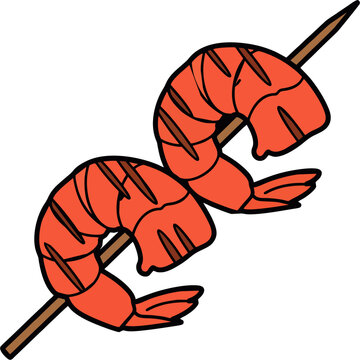 grilled orange shrimp on wooden skewer clip art preview