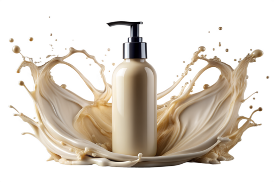 Creamy lotion bottle with dynamic liquid splash and droplets isolated on transparent background - Powered by Adobe
