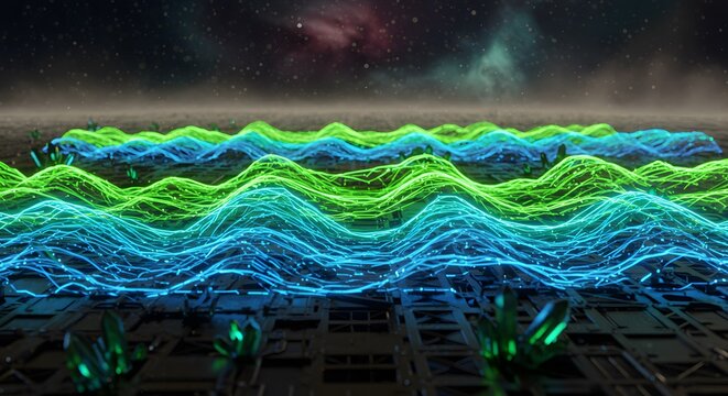 Abstract Digital Landscape: Glowing Energy Waves Over Futuristic Terrain - Powered by Adobe