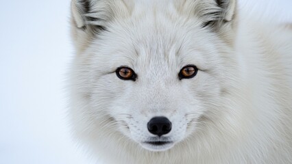 Obraz premium Close-up of a white arctic fox's face in winter coat, pure white background
