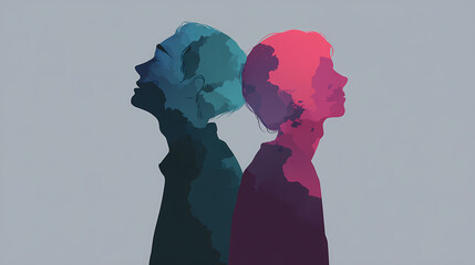 Contrast of emotional states in two human silhouettes, stress and calm, pastel vector flat design. vector tension. Illustration