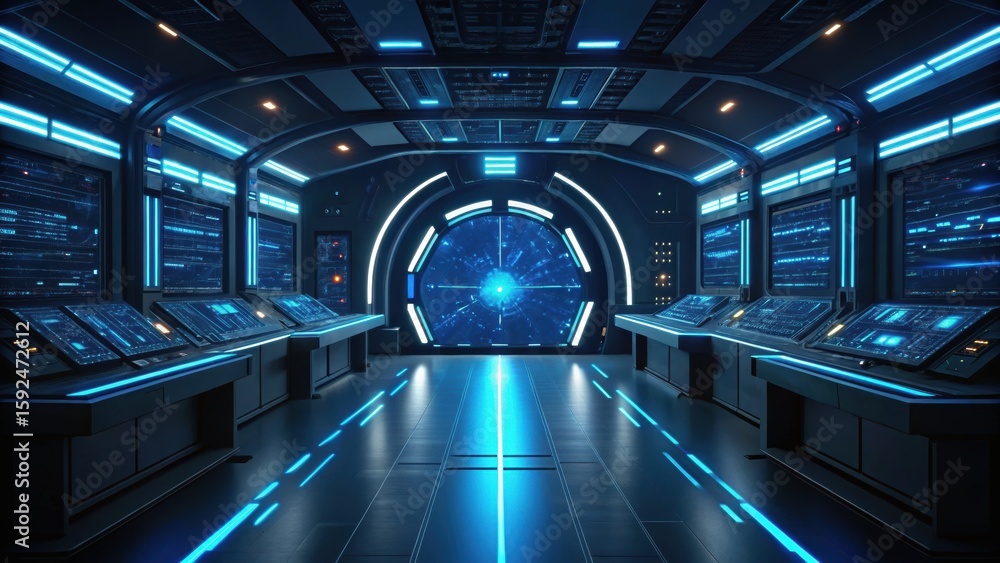 Poster futuristic control room with illuminated panels and a central view of a portal, evoking a sci-fi atm