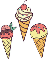 Vector illustration of a colorful ice cream cone with scoops and a waffle cone