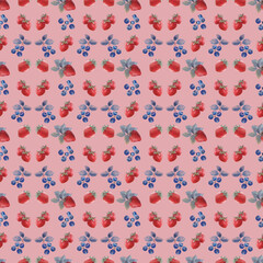 Seamless Pattern with Strawberries and Blueberries on Pink Background

