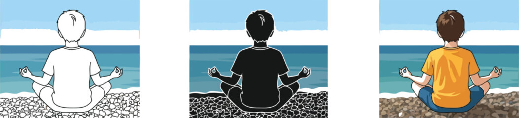 Fototapeta premium Three illustrations showcase a boy meditating on a pebble beach with the ocean in the background, depicted in line art, silhouette, and full color, promoting wellness and mindfulness.