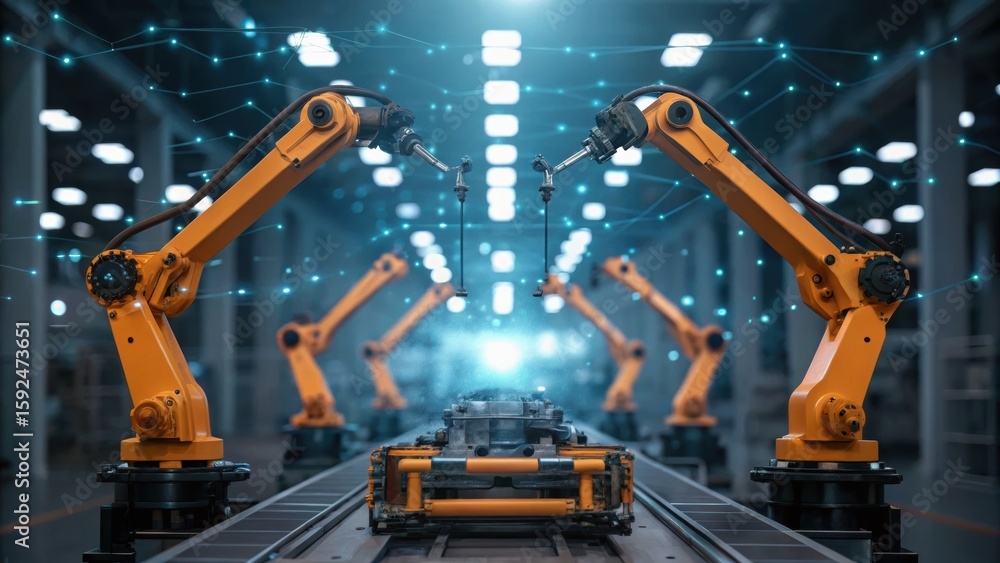 Poster industrial robots work on an assembly line in a modern factory, showcasing advanced automation and t