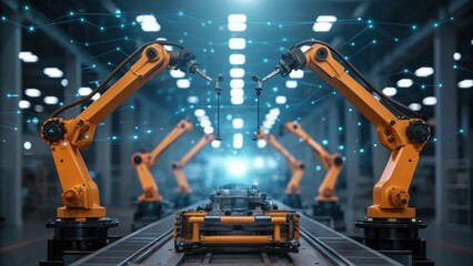 Industrial robots work on an assembly line in a modern factory, showcasing advanced automation and technology in manufacturing processes.