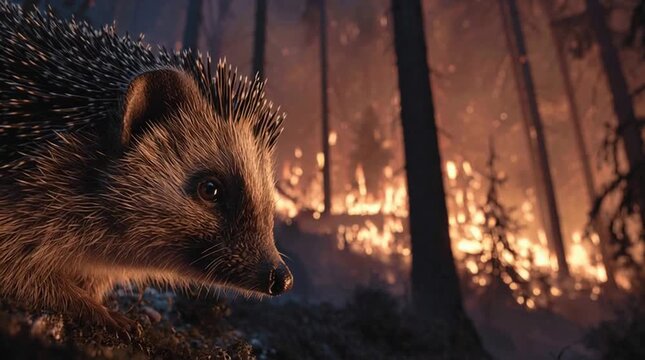 A hedgehog stands alert in a forest during a fire. Flames illuminate the background, highlighting the urgency of wildlife in extreme heat conditions.