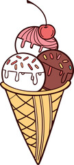 Vector illustration of a colorful ice cream cone with scoops and a waffle cone