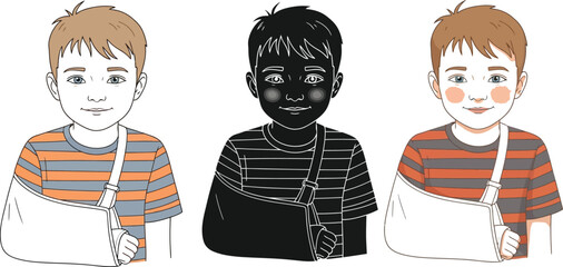 Obraz premium Cartoon illustration showcases a young boy with a broken arm in a sling, depicted in both color and silhouette, highlighting themes of childhood injury and recovery.