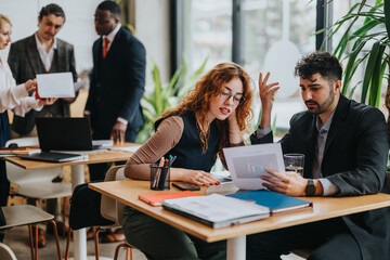 Colleagues discuss and share ideas during a meeting in a modern, co-working cafe with a warm rustic...