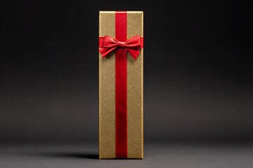 A shiny gold gift box with red ribbon bow on black background