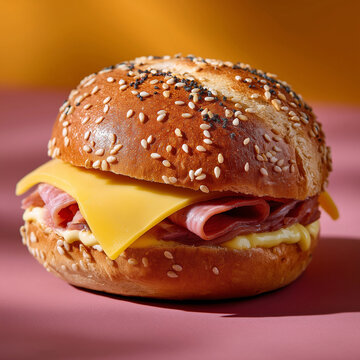 A modern, stylized Romanian sandwich with soft pink parizer (bologna-style meat paste), smooth mustard, and an unmelted slice of yellow cheese, inside a fresh sesame-topped kaiser bun. The parizer has