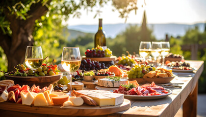 Sunlit Outdoor Table with Wine Cheese and Charcuterie