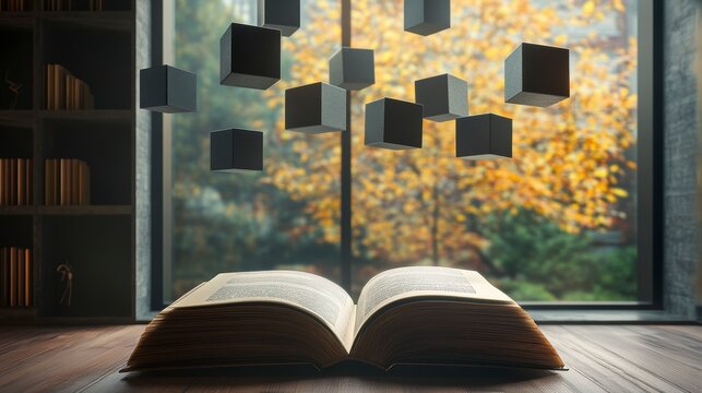 Open book on wooden desk, floating cubes against autumn window.