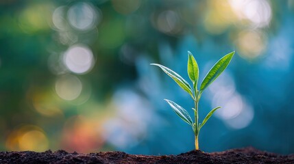 Young plant growing in soil with blurred bokeh background