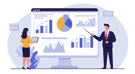 Obraz premium A businessman presenting data charts on a large screen while a woman observes with a tablet.