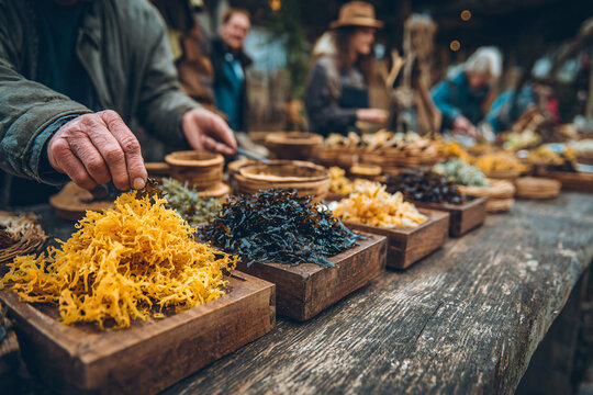 Close-up view of local delicacies at the Ould Lammas Fair, piles of yellowman toffee and dried dulse seaweed arranged on rustic wooden stalls