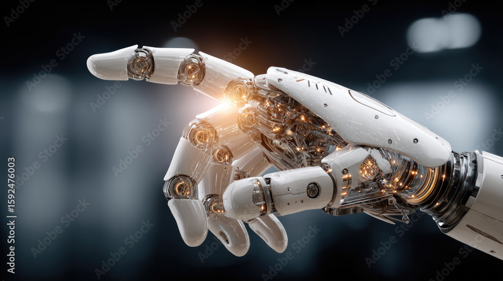Poster innovative robotic hand demonstrating advanced technology digital environment close-up view concept 