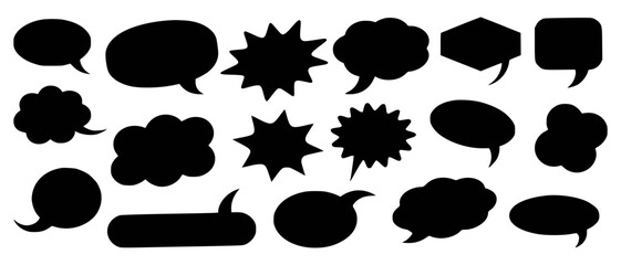 Collection of Black Speech Bubbles and Thought Bubbles in Various Shapes talk message
