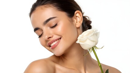 Fototapeta premium Close-up portrait of a woman with flawless skin and a white rose.