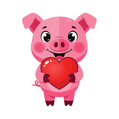 A cheerful cartoon piglet happily holds a large red heart.