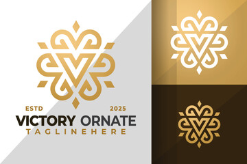 Letter V Ornamental Vintage Logo Icon Vector Design Illustration