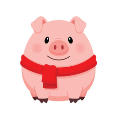 A cheerful cartoon pig wearing a red scarf, smiling happily.