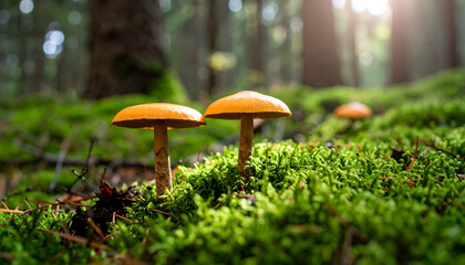 Fototapeta premium Orange Mushrooms on Lush Green Moss in a Forest