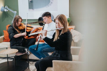 Musical band practicing in a comfortable room, featuring a flute, violin, and clarinet trio. The...