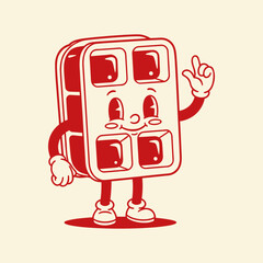 Retro Cartoon Waffle Iron Mascot Character Pointing Up