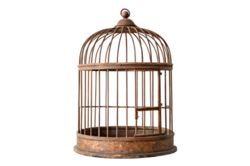 Antique rusty metal bird cage with perch isolated on transparent background
